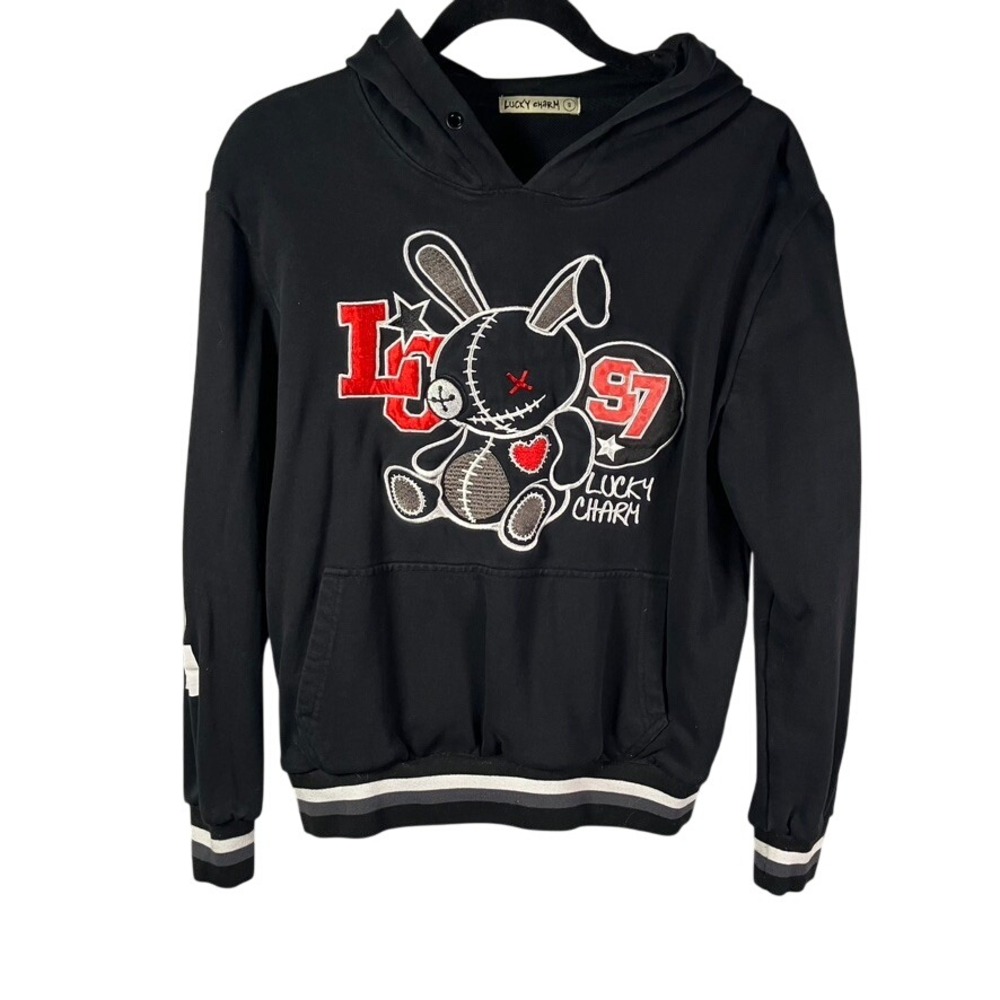 Vintage Lucky Charm Bunny Hoodie Black Varsity Patch Graphic S Y2K Style